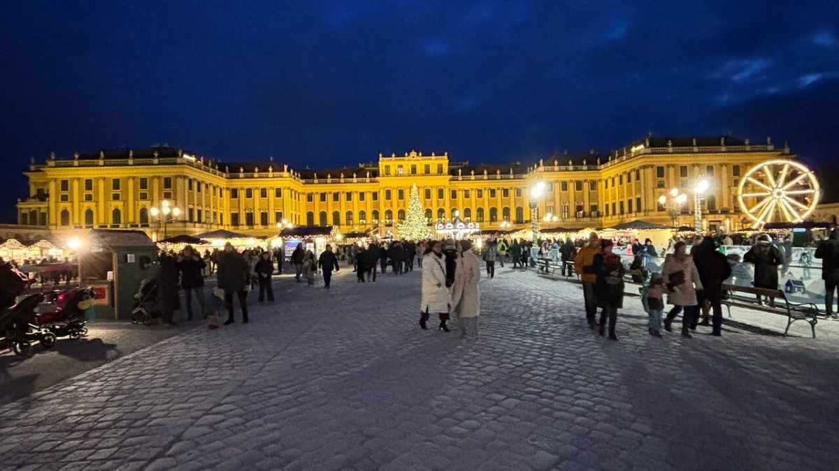 Night time view of lighted Schonbrunn Palace.