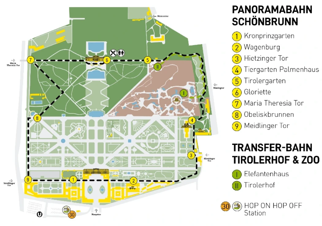 Map of Schönbrunn Palace grounds showing attractions, routes for the Panoramasbahn, and transfer points for the zoo and hop-on hop-off station.
